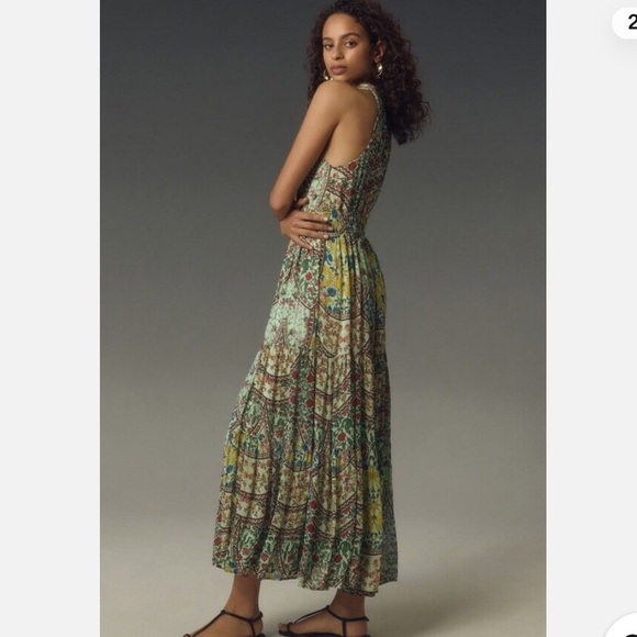 Anthropologie The Somerset Green Floral Halter Style Maxi Dress - Picture 2 of 8